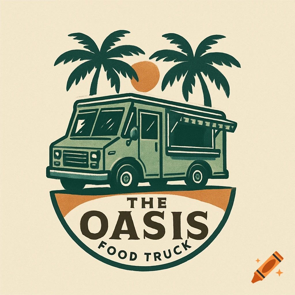Illustration logo: green food truck with palm trees and sun above text 'THE OASIS FOOD TRUCK'.