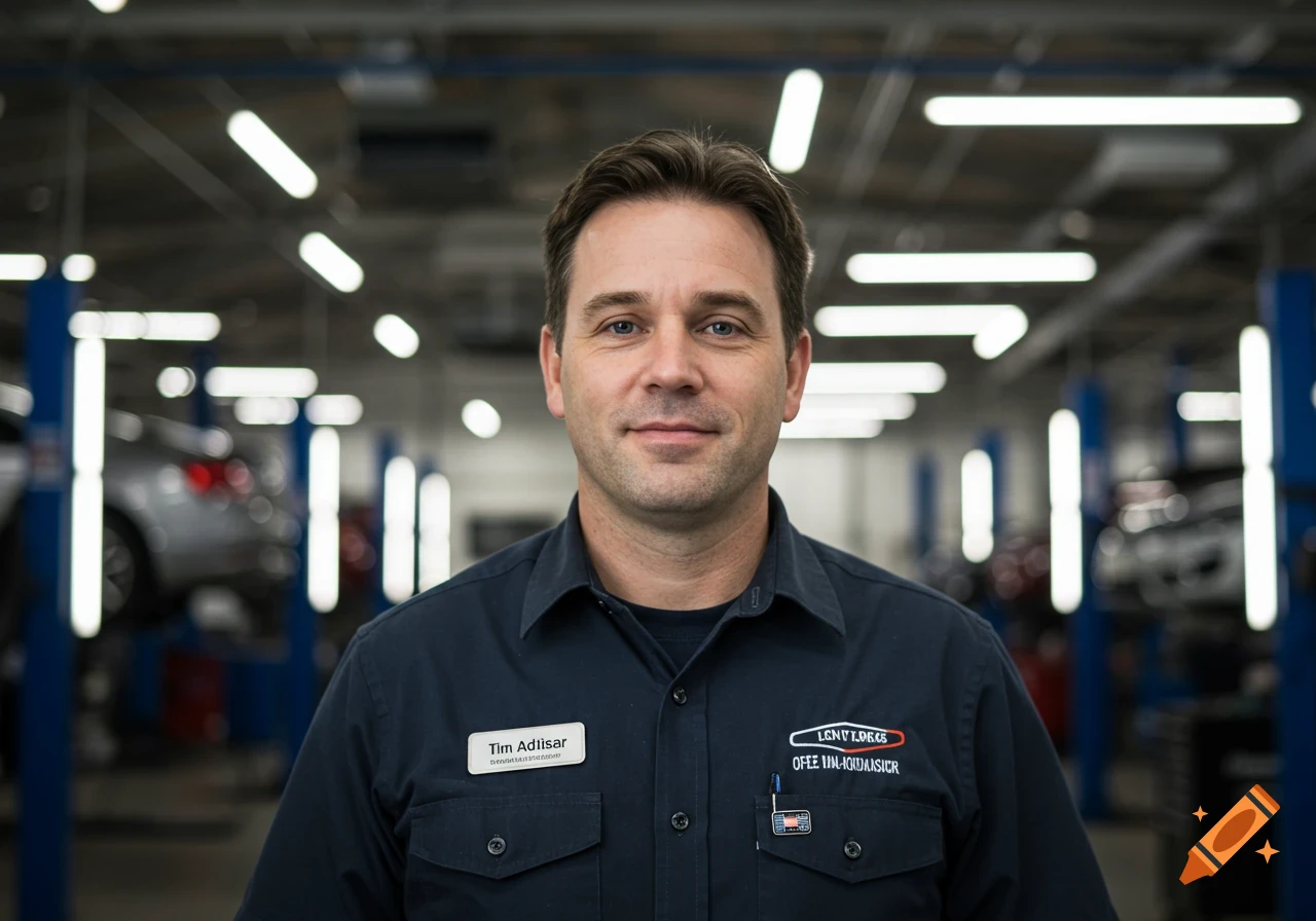 A man in a mechanic's shirt stands in an automotive garage.