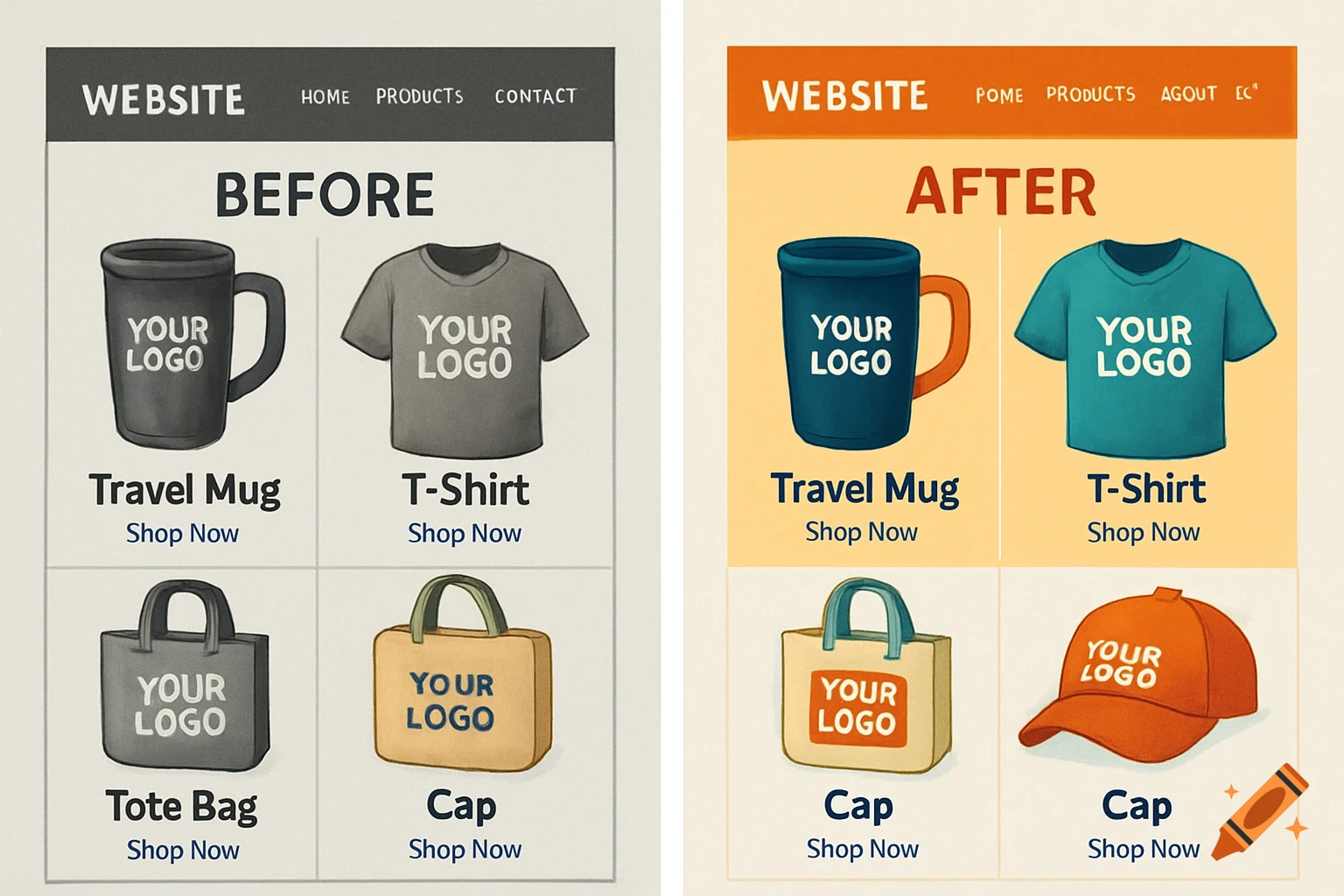 Illustration of a website showing promotional merchandise before (grayscale) and after (color).
