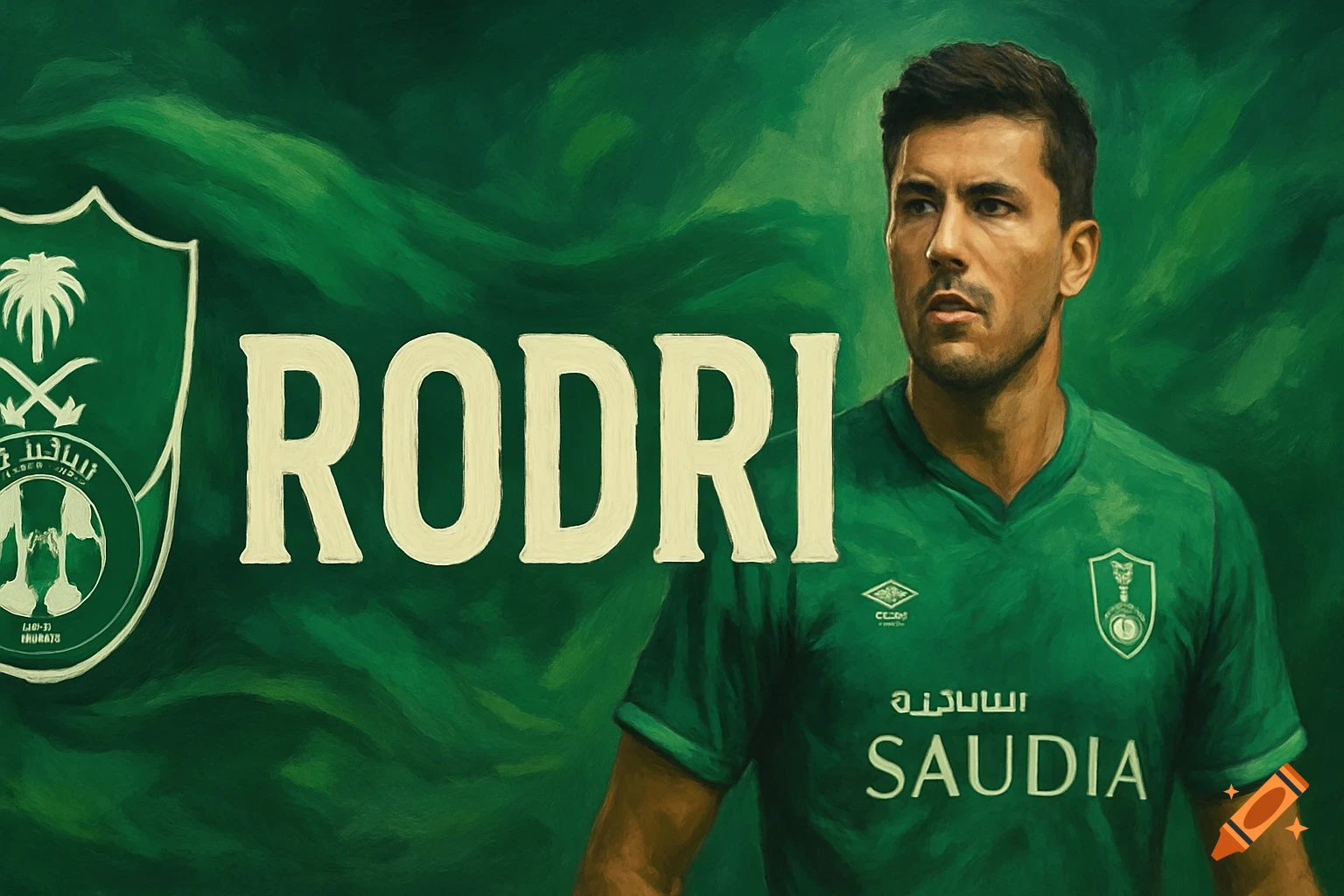 Painterly portrait of a footballer in a green jersey next to a shield logo, with the text "RODRI" overlayed.