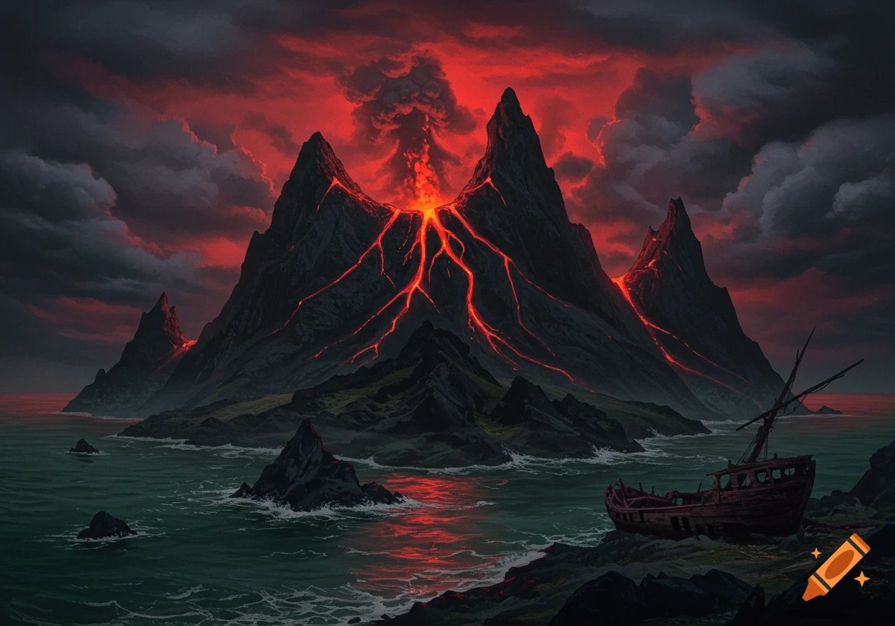 A dramatic landscape shows a volcanic island erupting, with glowing lava flowing down dark mountains into the sea where a shipwreck rests on the shore under a fiery red and dark grey sky.