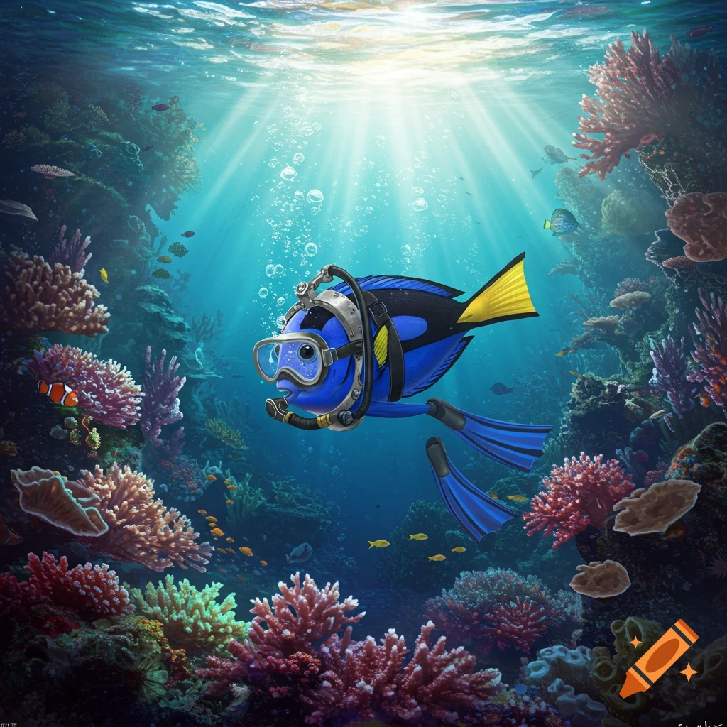 A blue and yellow tang fish wearing scuba gear swims through a vibrant coral reef with sunlight rays.