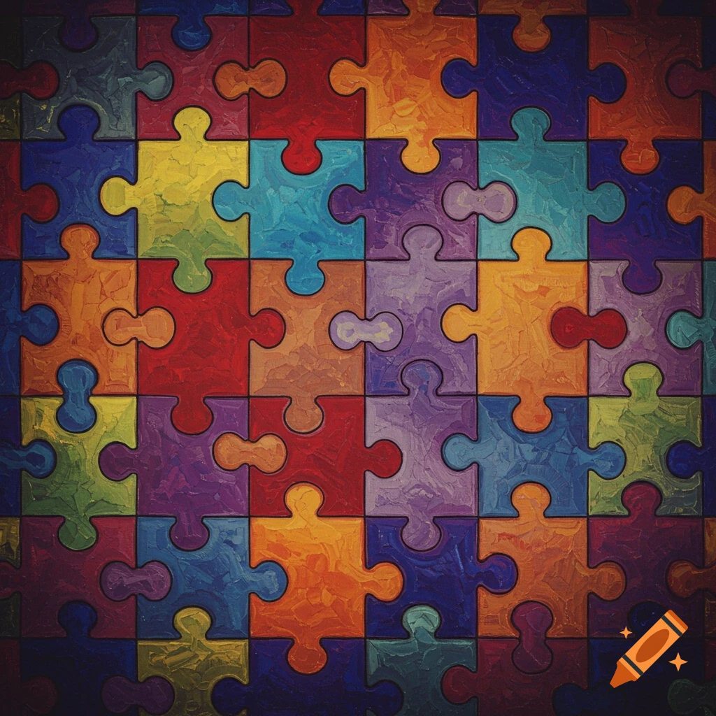Close-up pattern of interlocked puzzle pieces in bright, varied colors with a textured finish.