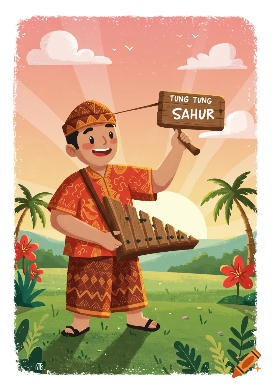 Cartoon illustration of person in traditional Indonesian clothing holding a 'TUNG TUNG SAHUR' sign and musical instrument outdoors at sunrise.
