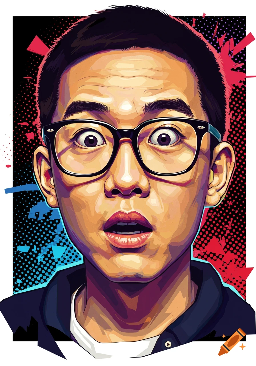 Stylized vector art portrait of a person with glasses and a shocked expression.