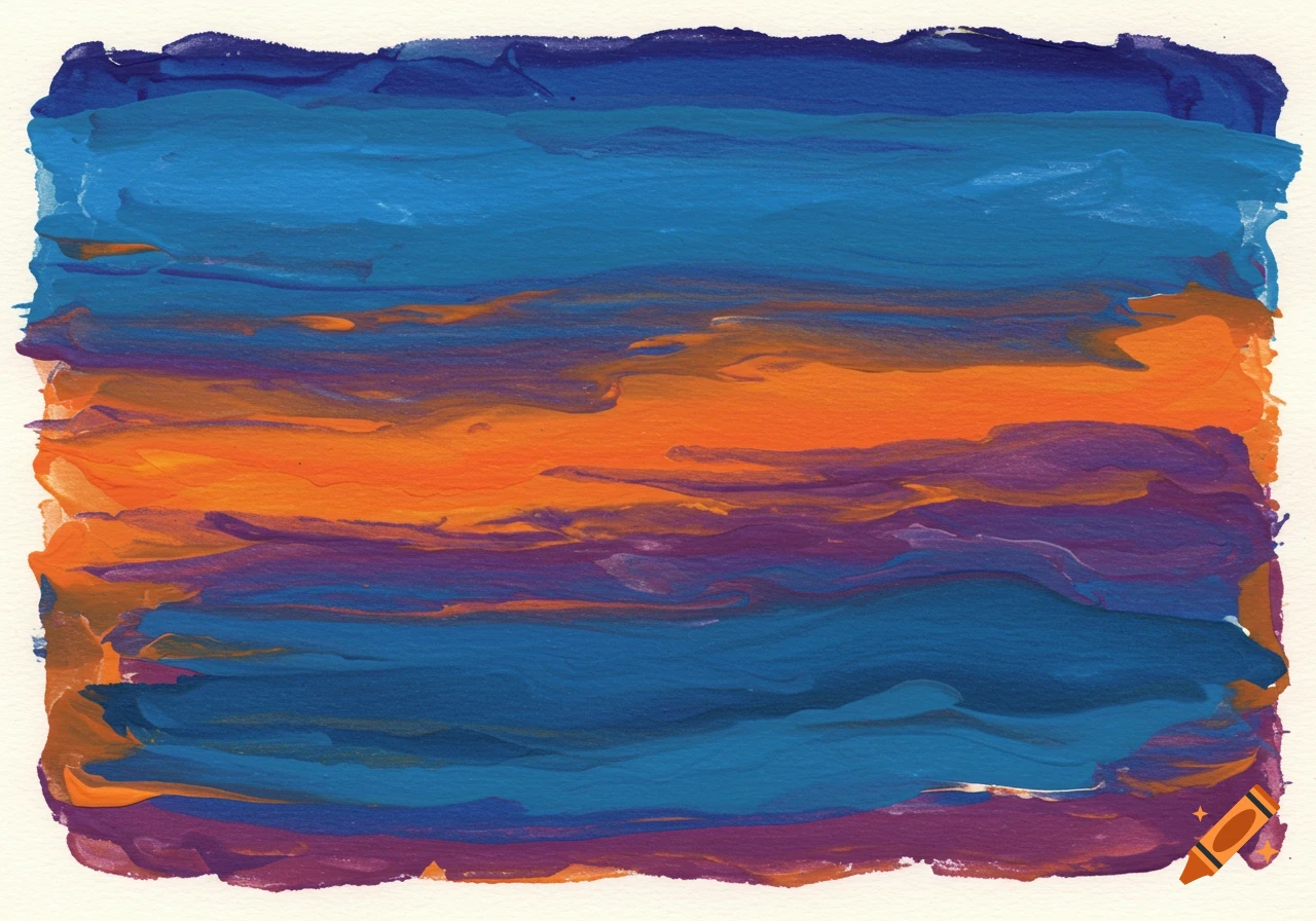 Abstract painting with horizontal brushstrokes in blue, orange, and purple