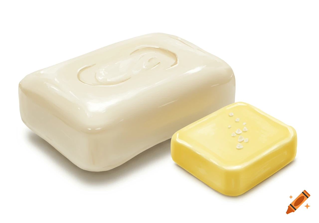 Still life of a bar of white soap and a square of yellow butter
