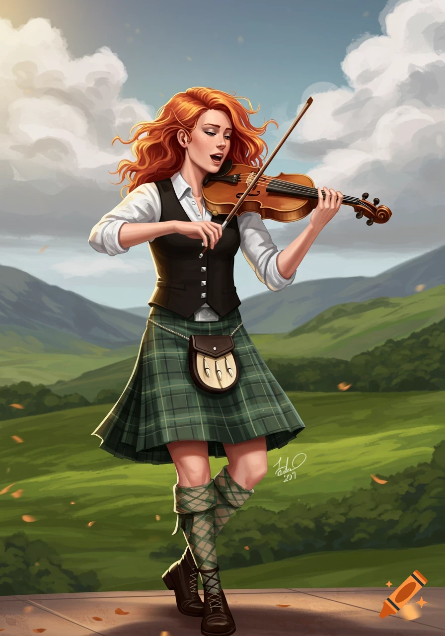Red-haired woman in kilt plays violin in Scottish landscape illustration.