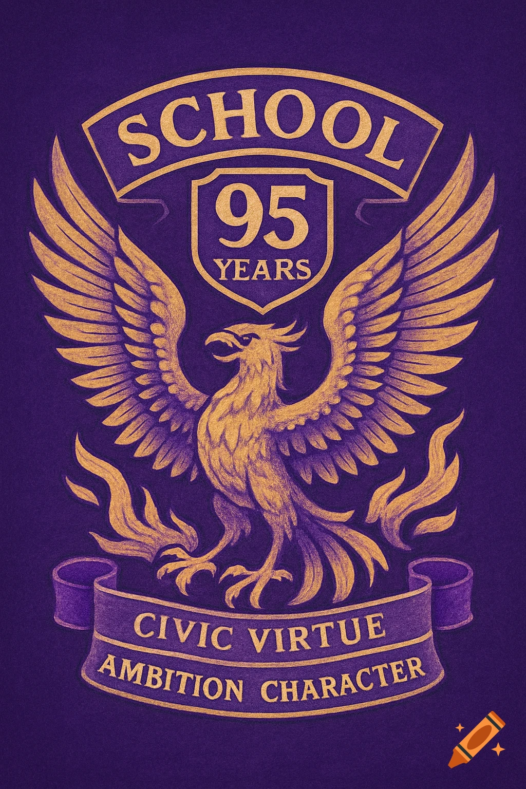 A purple and gold school crest with a phoenix and text 'SCHOOL 95 YEARS CIVIC VIRTUE AMBITION CHARACTER'.