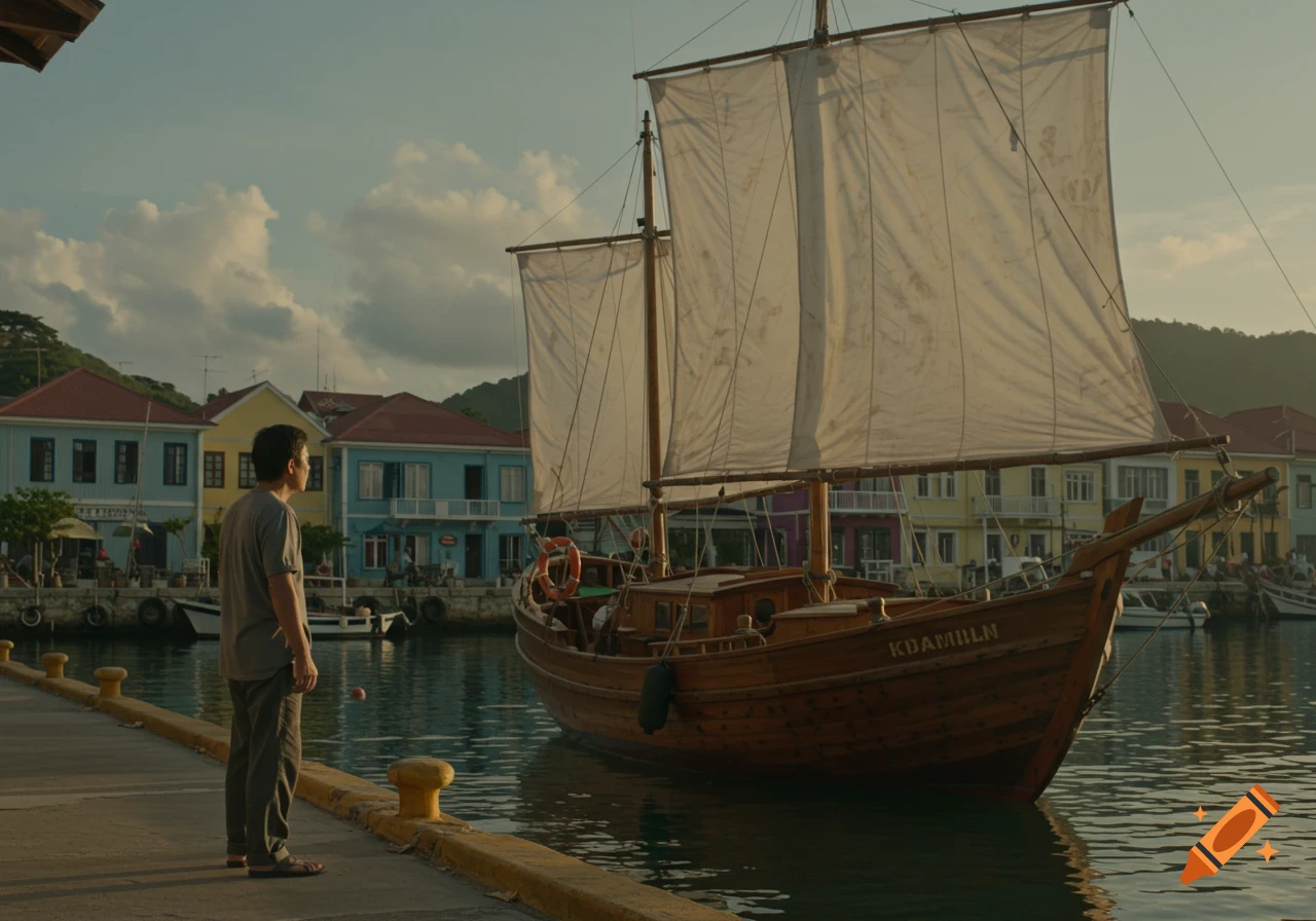 Man on a dock looks at a sailing boat in a harbor with colorful buildings.
