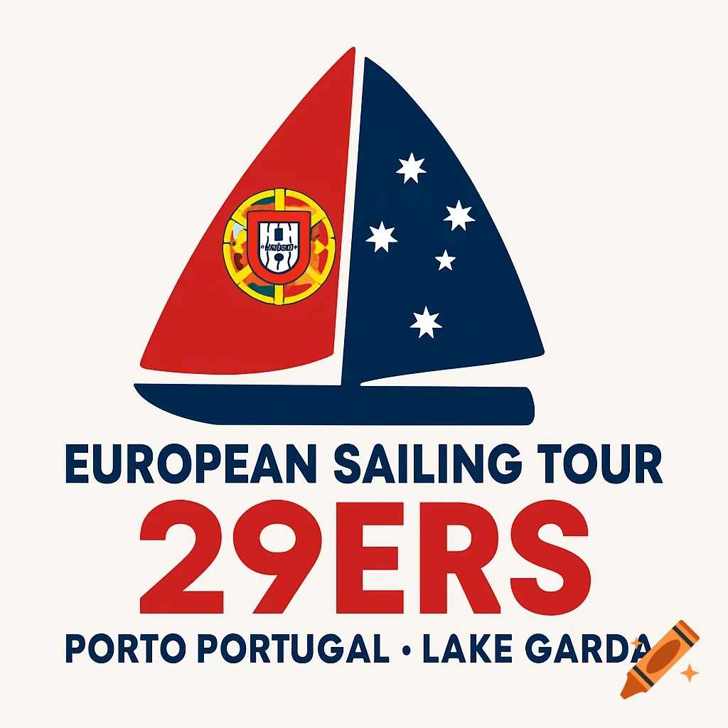 Logo for European Sailing Tour 29ers with a sailboat featuring sails in Portuguese and Australian flag colors and text.
