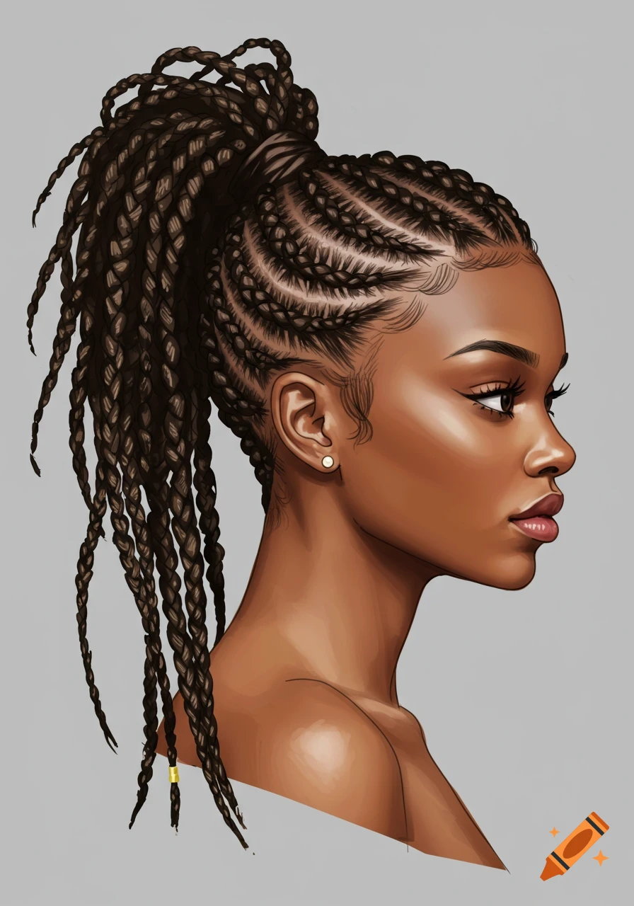 Profile illustration of a woman with braided cornrows and a high ponytail