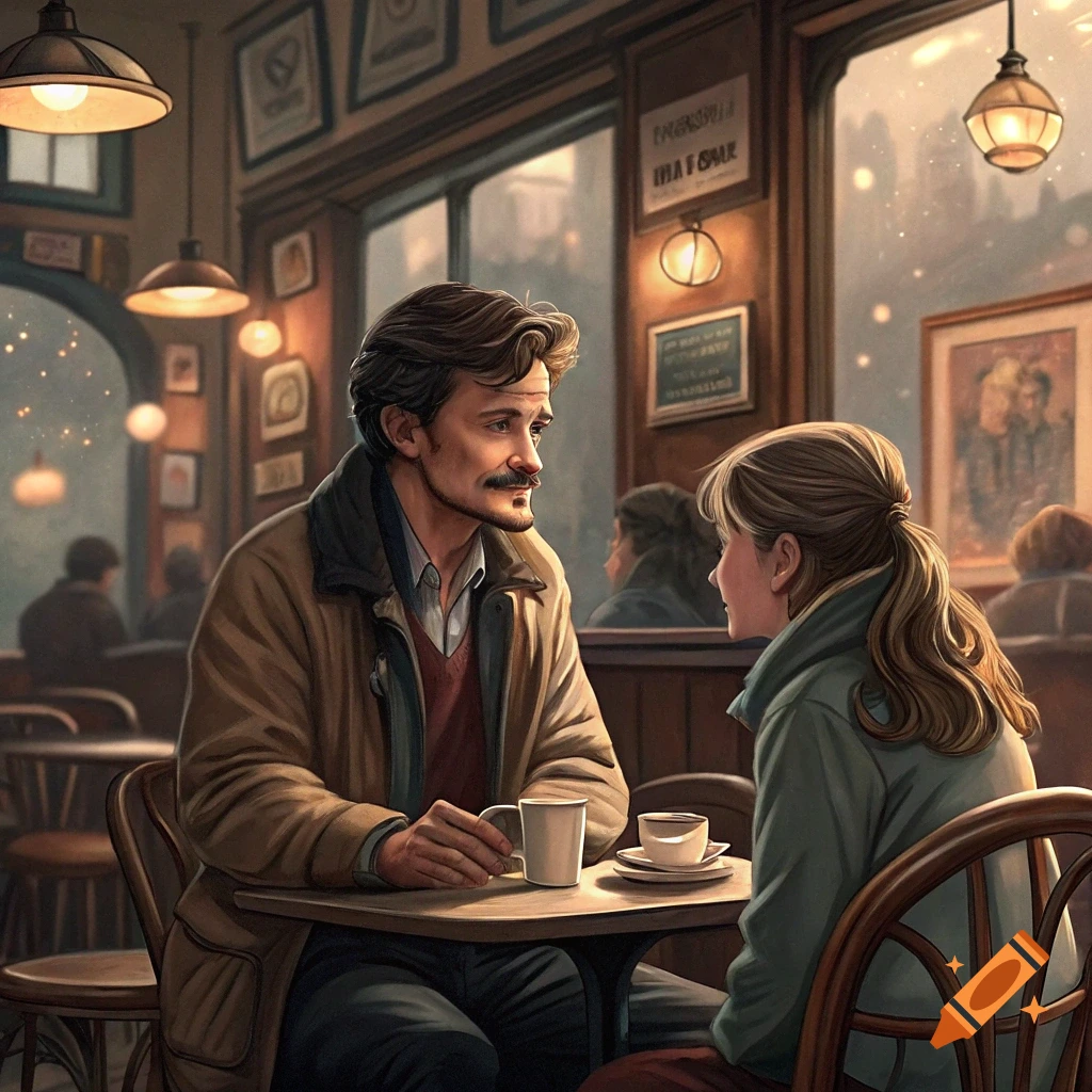 A man and a woman talk at a table in a cafe.