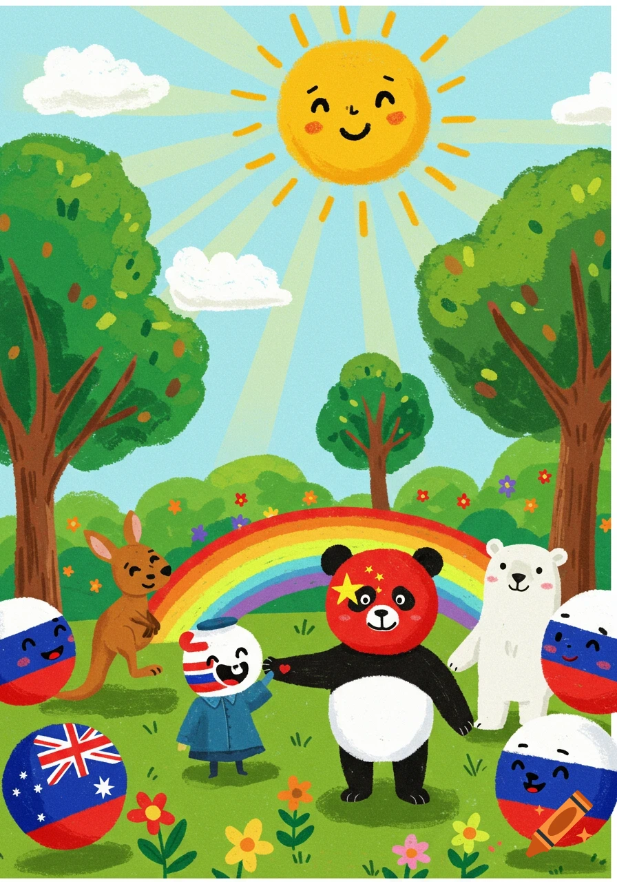 Cheerful illustration of animals and characters representing countries in a sunny park with a rainbow.