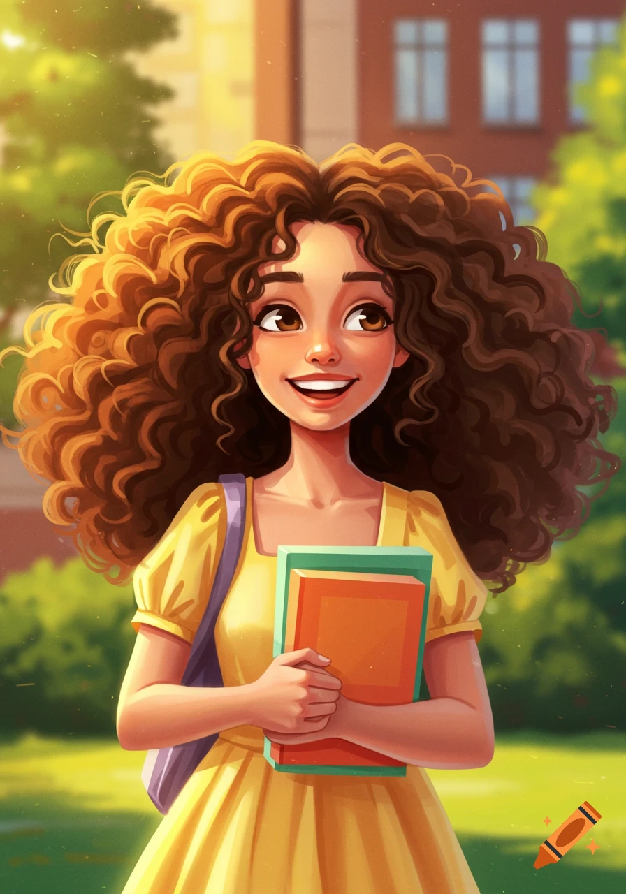 A bright illustration of a young woman with big curly brown hair holding books and a bag on a sunny school campus.