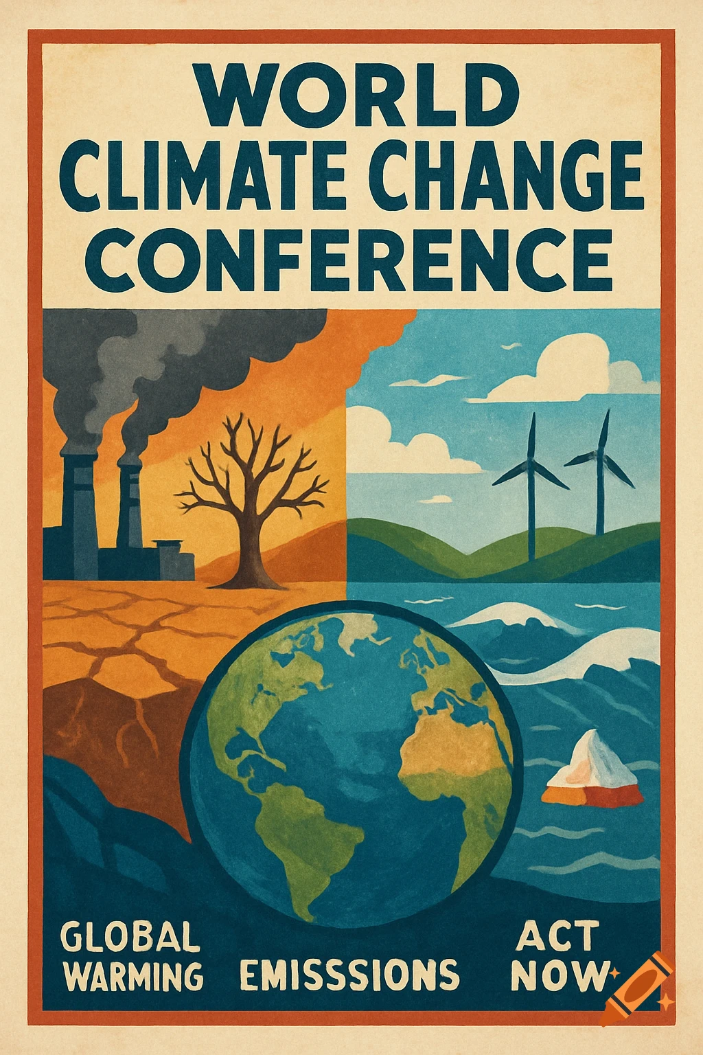 Poster about climate change showing pollution, drought, wind power, and melting ice with a globe and text.
