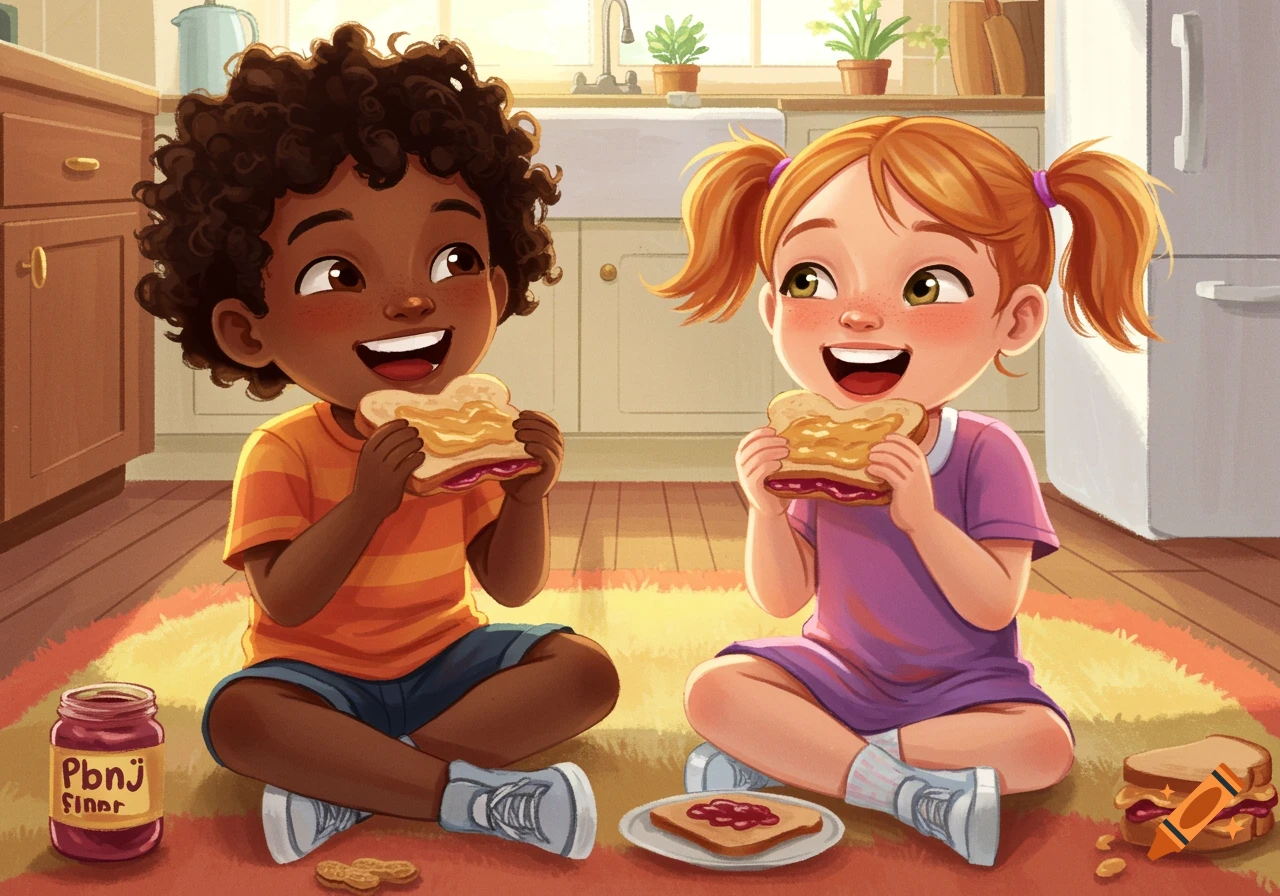 Two happy children eat PB&J sandwiches on a rug in a sunny kitchen, illustration style.