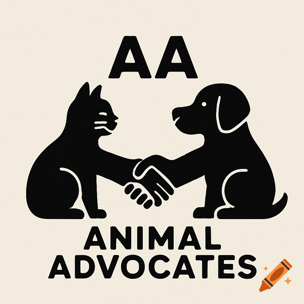 Black and white logo of a cat and dog shaking hands, with text 'AA ANIMAL ADVOCATES'.