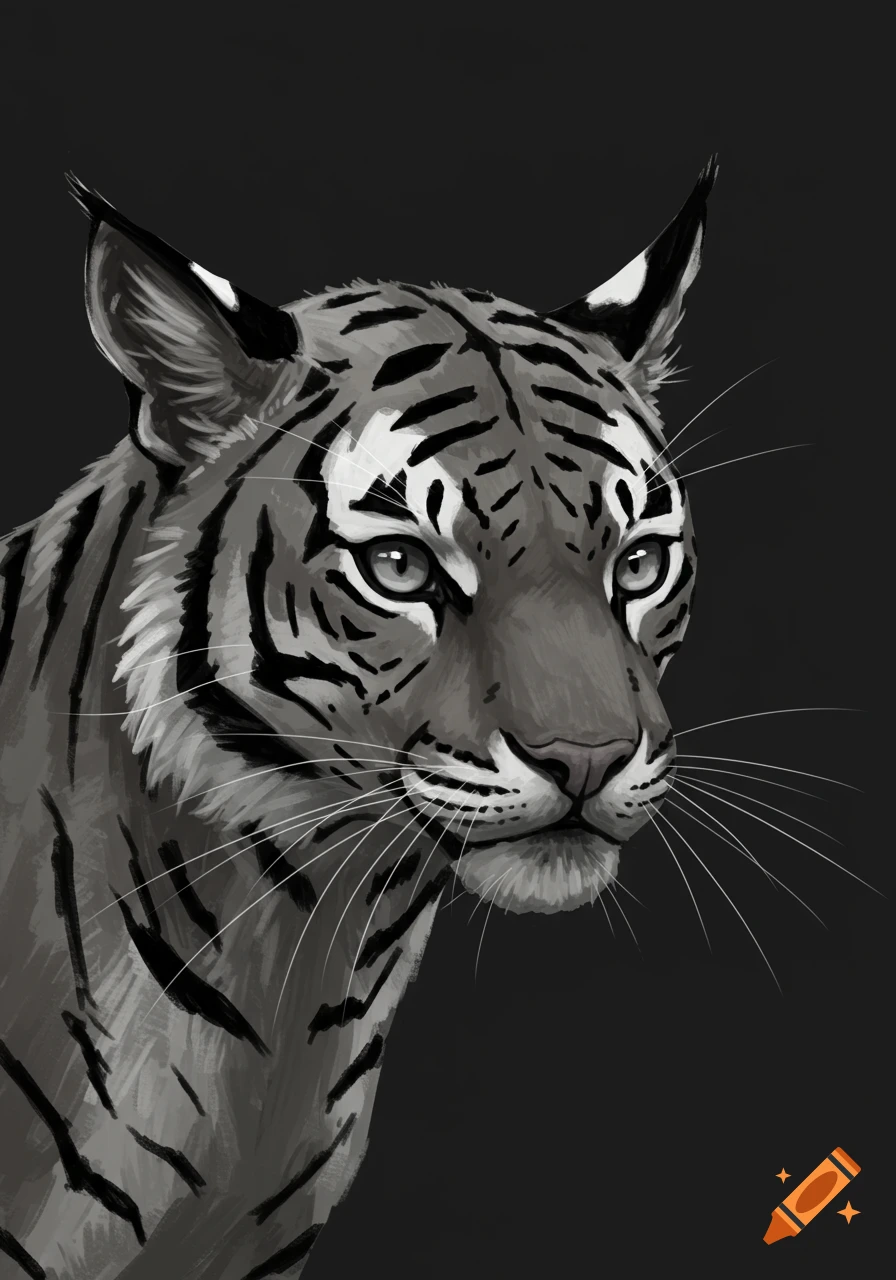 Black and white digital illustration of a tiger's head looking right.