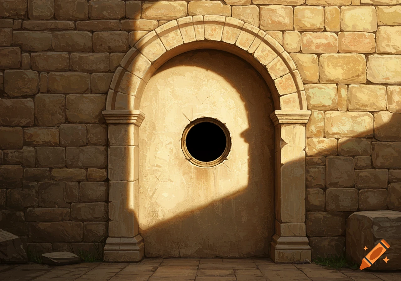 An ancient stone archway with a circular opening in a stone wall, lit by dramatic sunlight.
