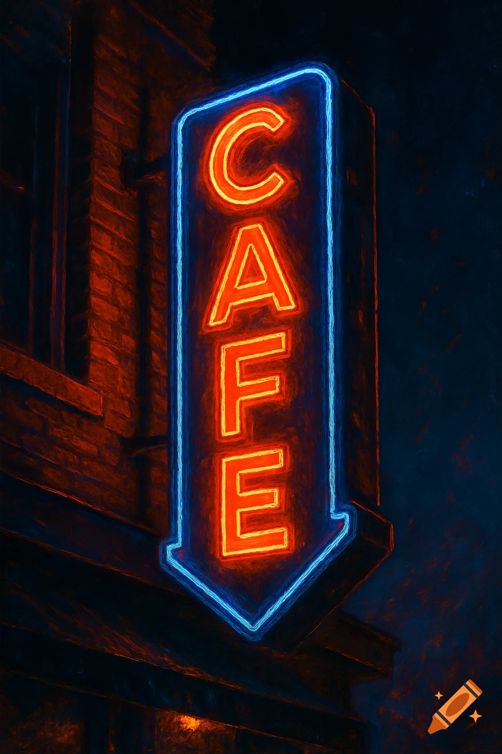 Neon sign with 'CAFE' glows red and blue against a dark building at night