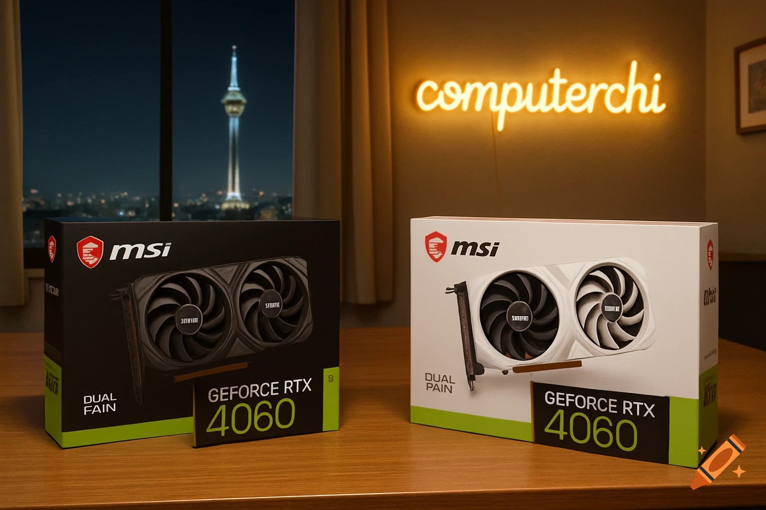 Two MSI RTX 4060 graphics cards in boxes on a desk with a city view and neon sign.