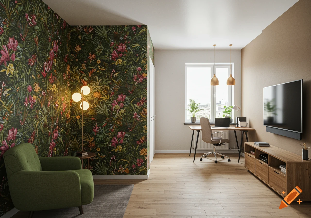 Photorealistic rendering of a modern office/living room with green armchair, jungle wallpaper, desk by window, and TV media center.