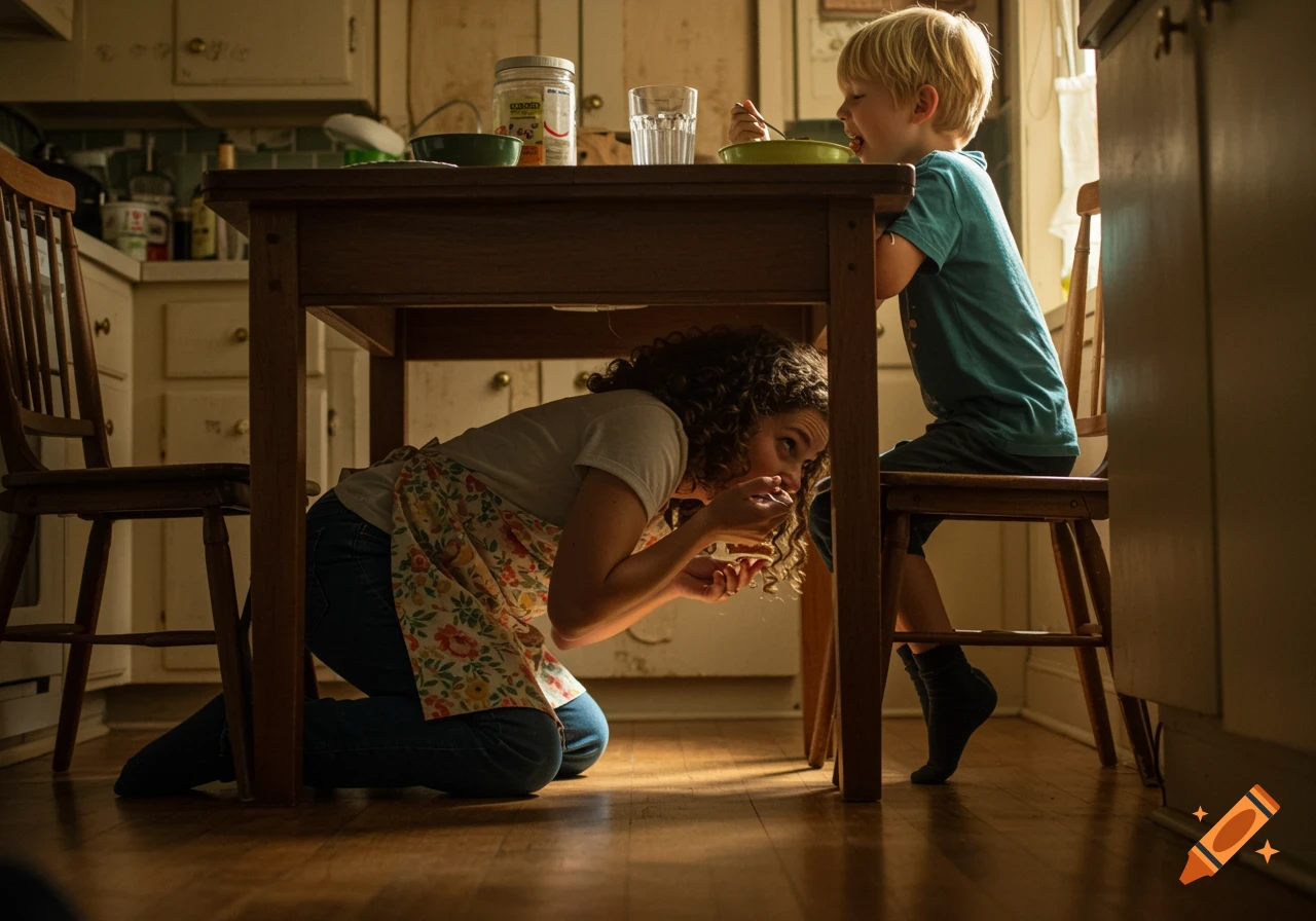 A mother kneels under a kitchen table eating while her young son sits at the table with a bowl of cereal, photorealistic.