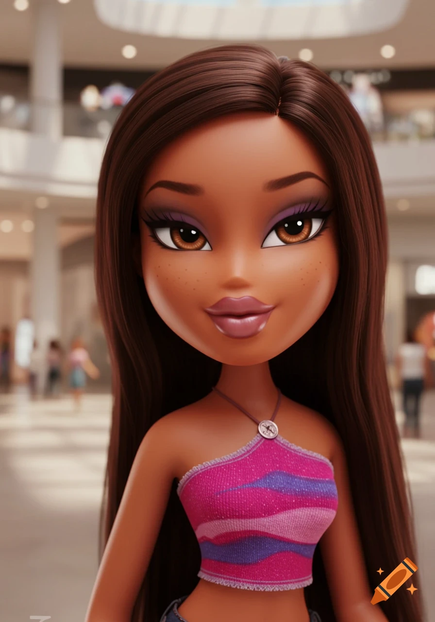 Close-up portrait of a Bratz doll character with long brown hair and a pink and purple top, in a mall.