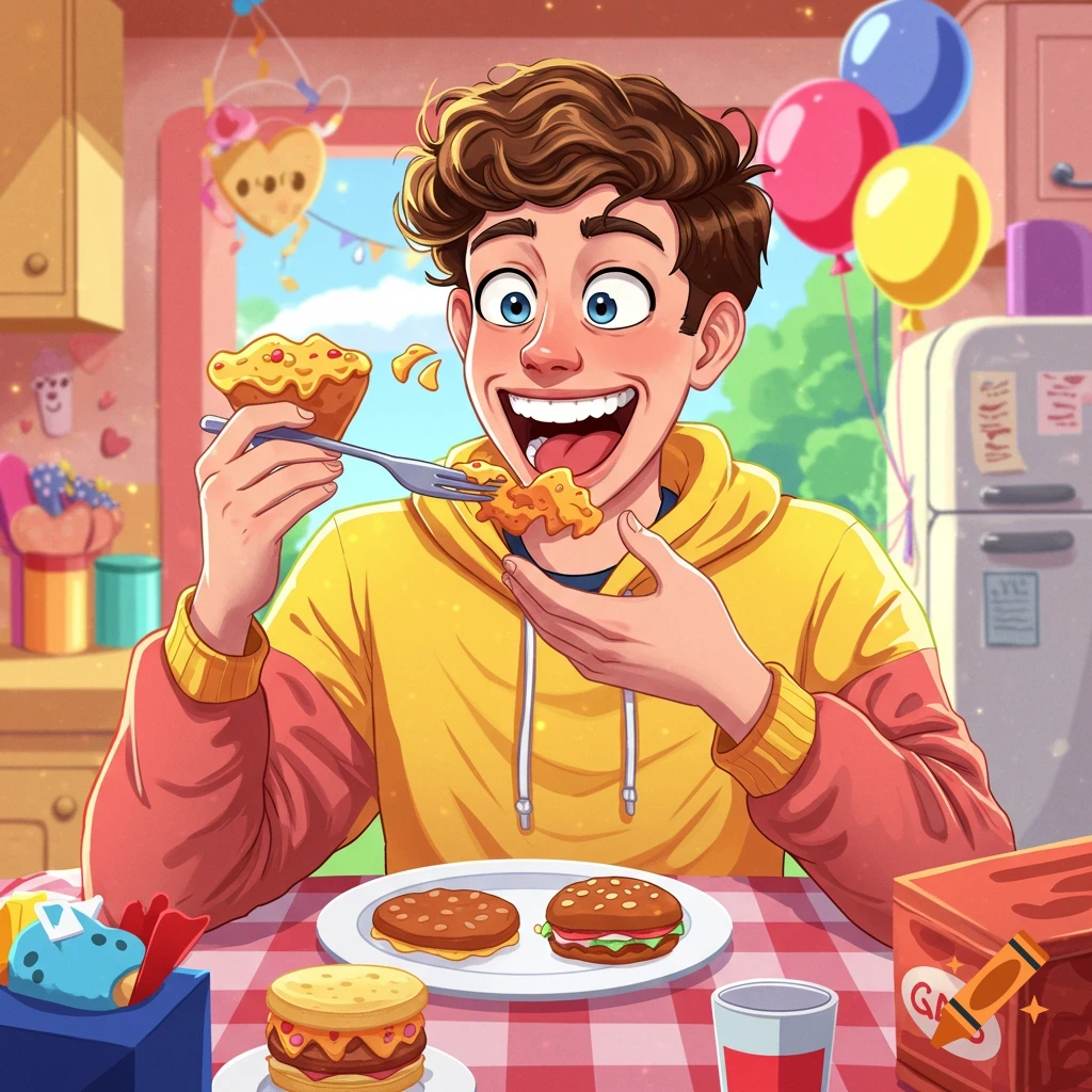 Cartoon boy eating food at a table with balloons and decorations.