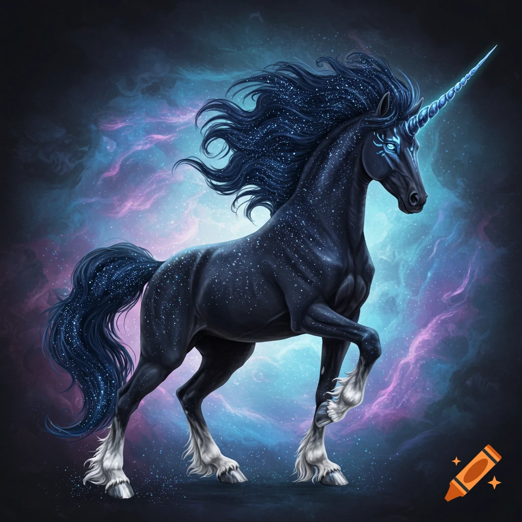 Black unicorn with starry body against a cosmic galaxy background.
