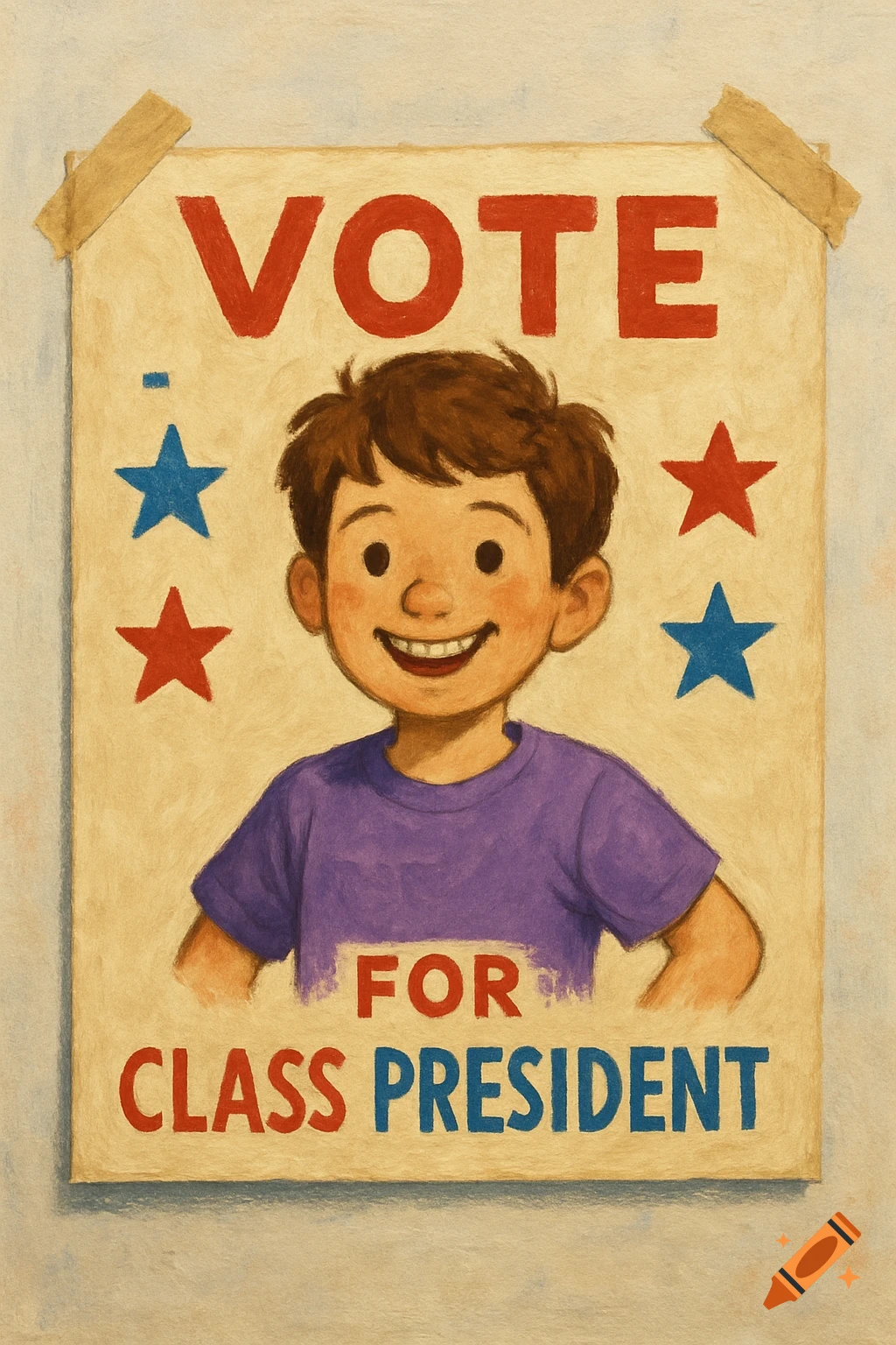 Illustration of a class election poster with a smiling boy and text 'VOTE FOR CLASS PRESIDENT'.
