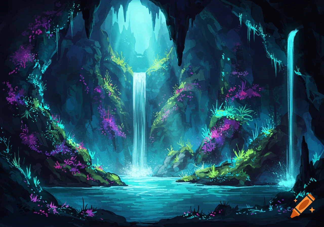 Fantasy illustration of a grotto with waterfalls, a pool, and glowing purple, green, and blue flora.