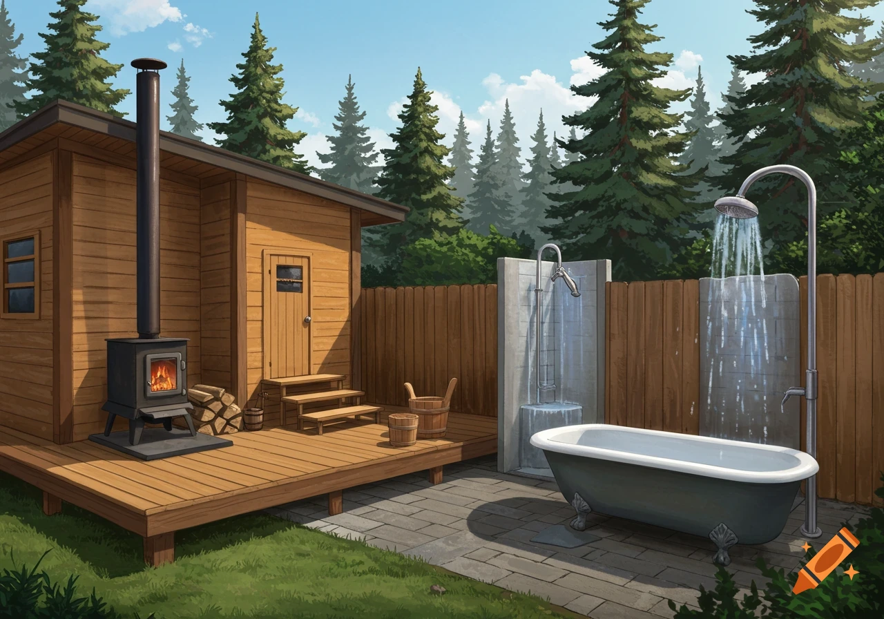 Illustrative backyard scene with a wooden sauna, deck, outdoor shower, and clawfoot bathtub surrounded by trees.