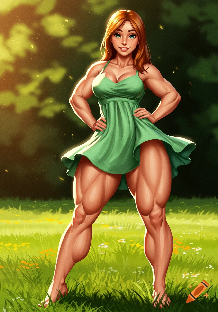 A muscular woman in a green dress stands in a sunny field, digital art.