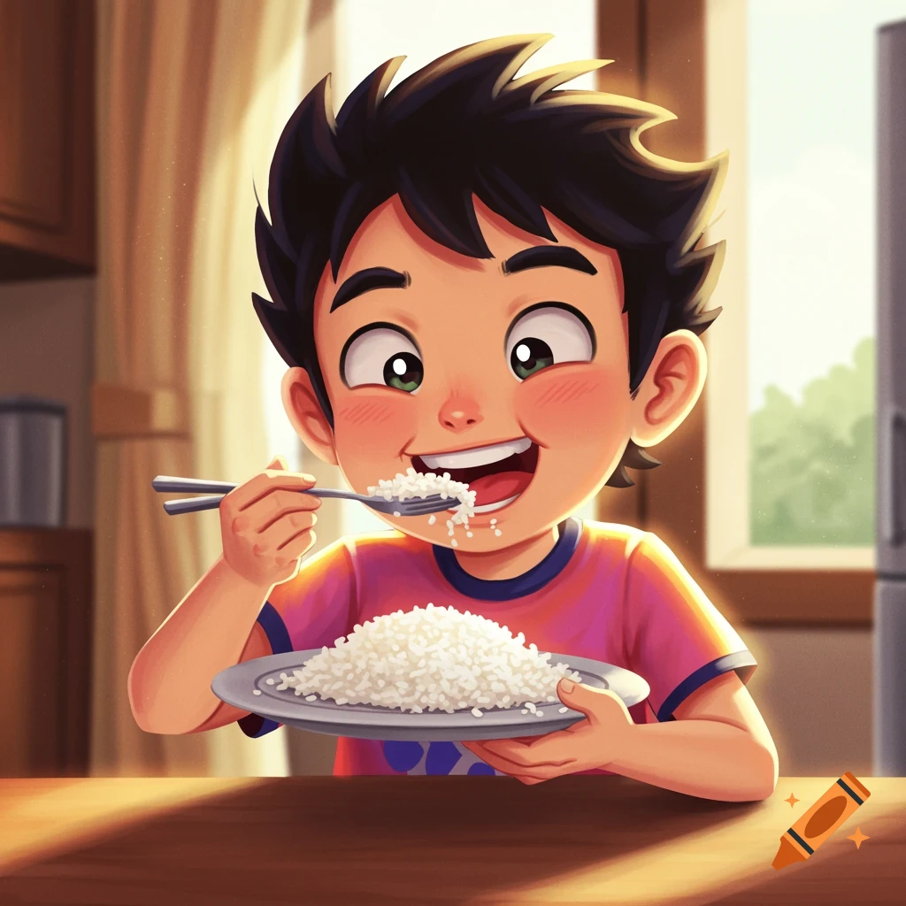 A happy cartoon boy eating rice with chopsticks and a spoon in an anime style.