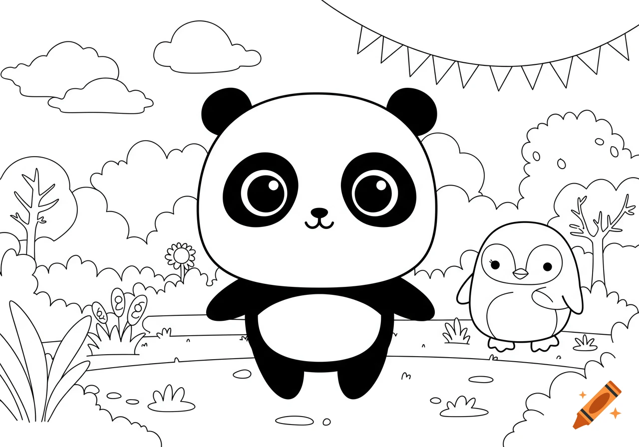 A cute cartoon panda and penguin in a park setting, drawn in a black and white coloring page style.