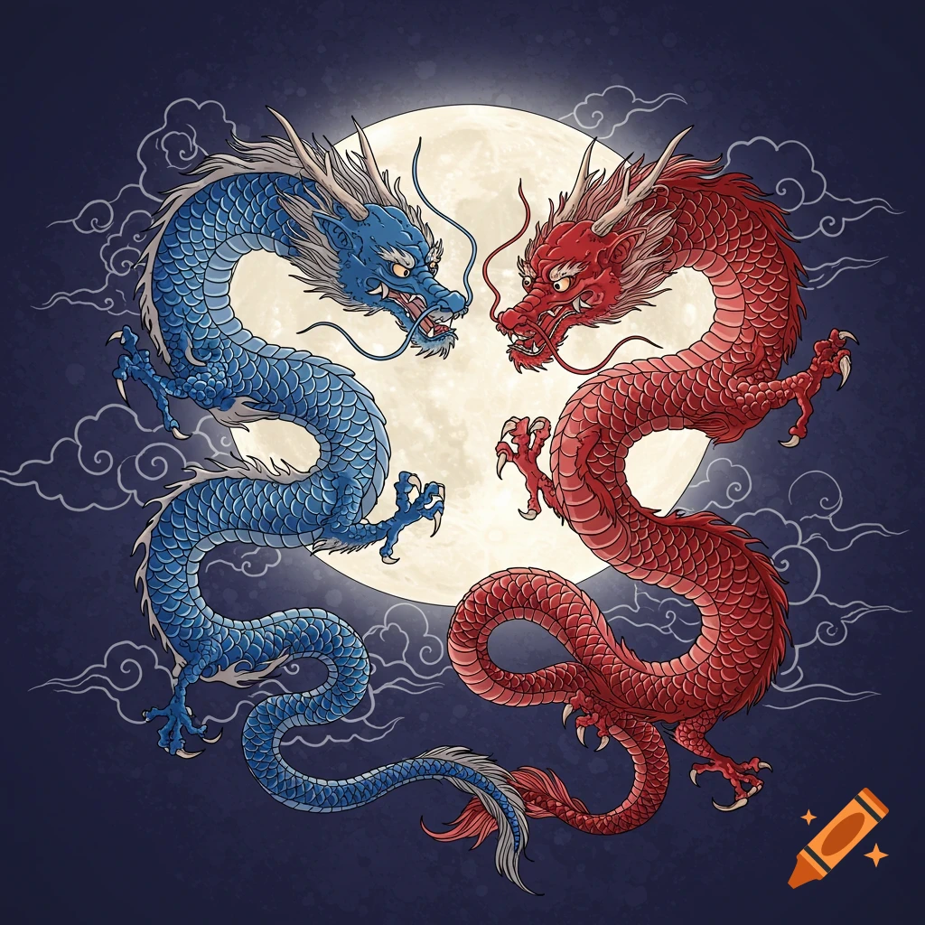 Two stylized red and blue dragons wrapped around each other in front of a full moon