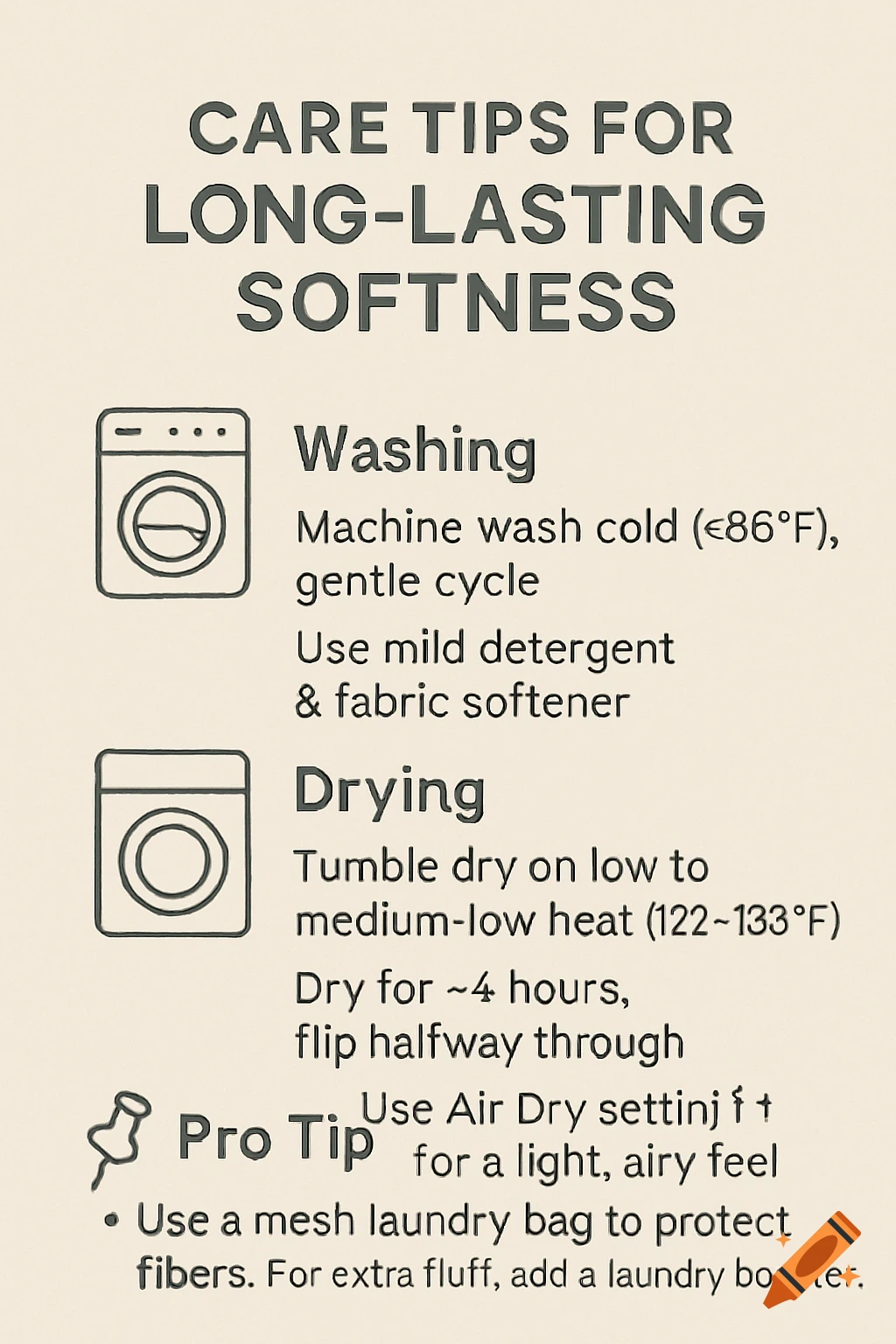 Graphic design poster providing care tips for long-lasting softness, with washing and drying instructions and icons.