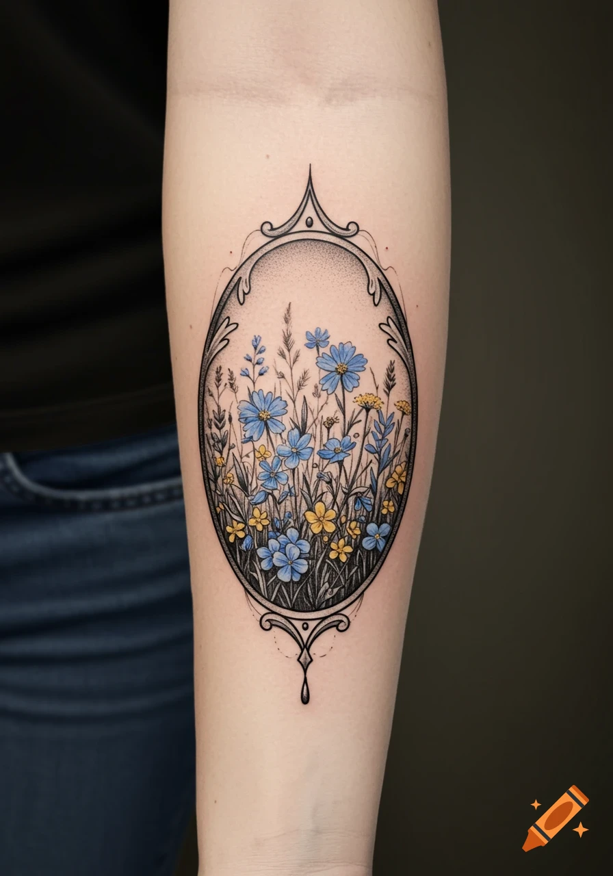Tattoo of a wildflower meadow in an ornate oval frame on a forearm