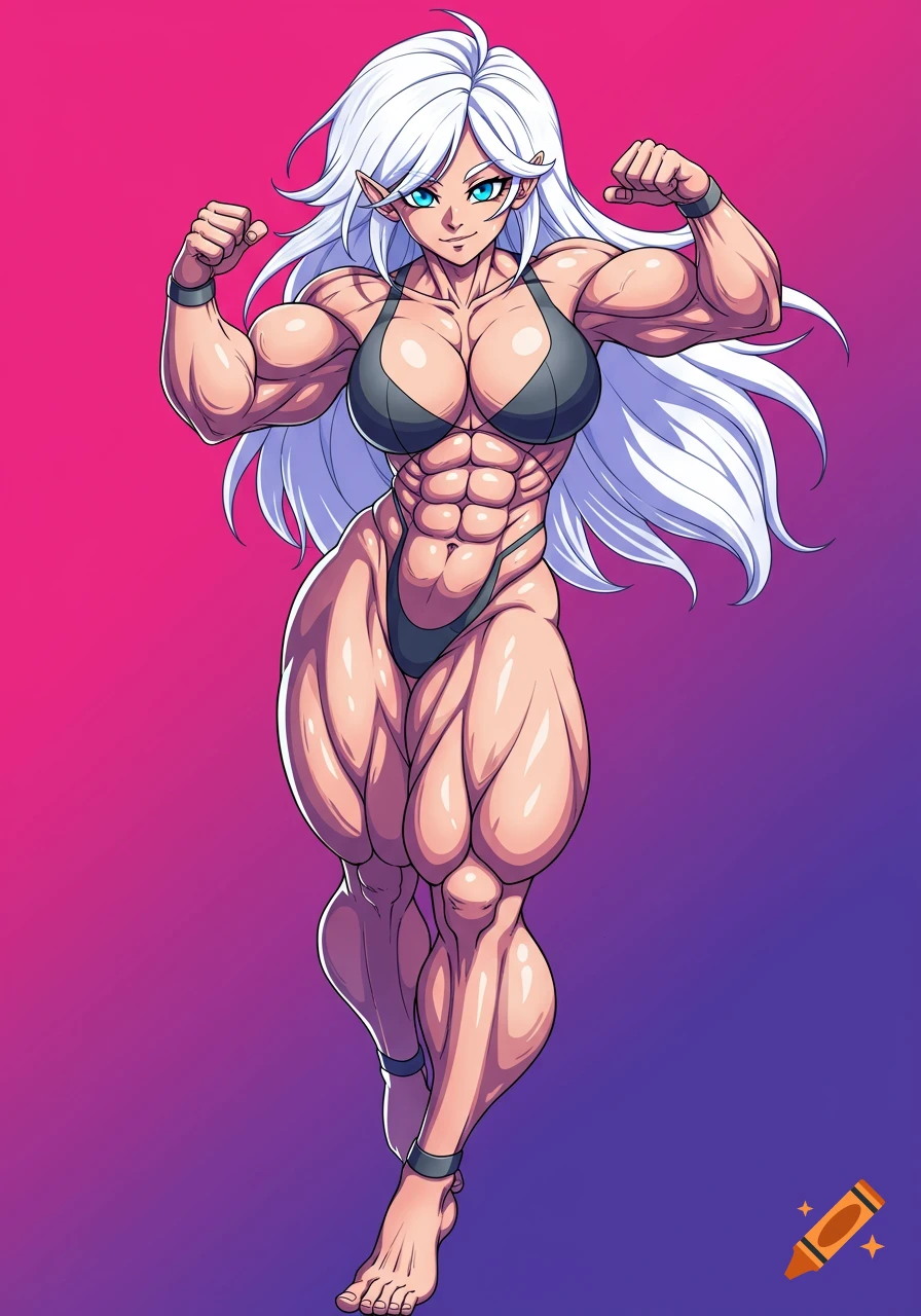 Muscular anime woman with white hair and blue eyes flexing