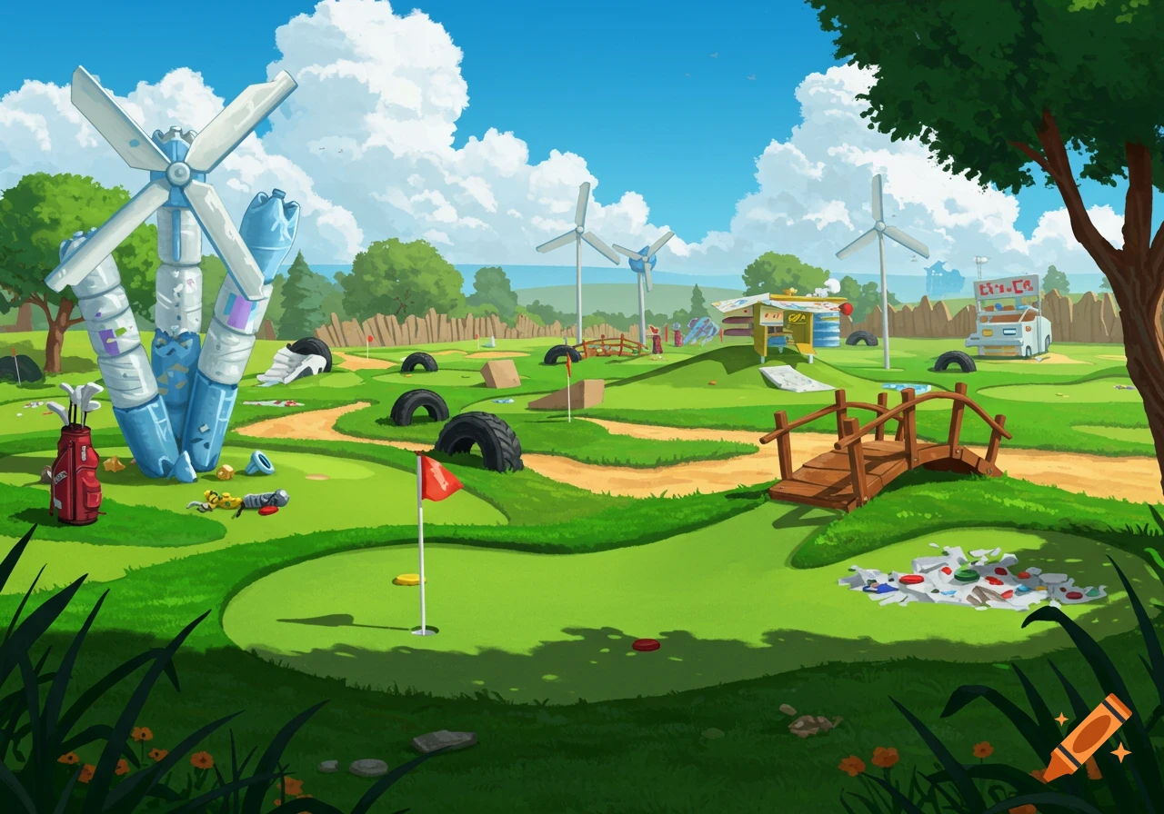 A cartoon-style mini-golf course themed around recycling, featuring obstacles made from tires, bottles, and other recycled materials.
