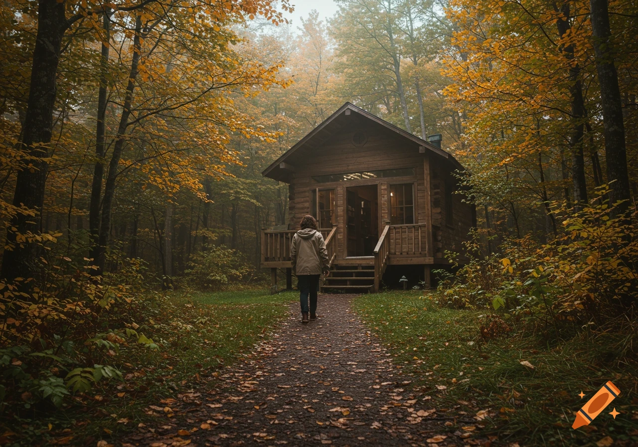 Person walks towards a cabin on a leaf-strewn path in an autumn forest ...