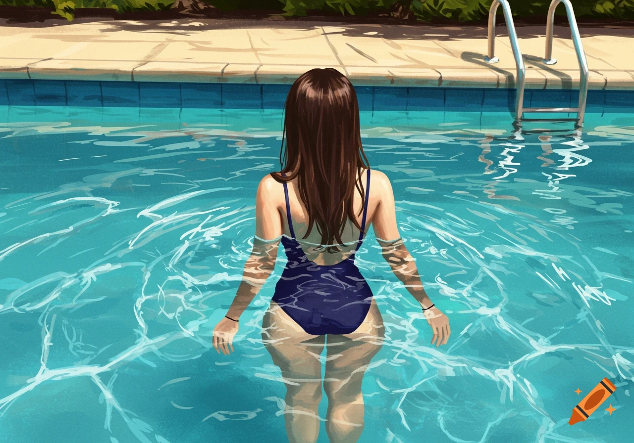 Illustrative view from behind of a woman standing in a swimming pool