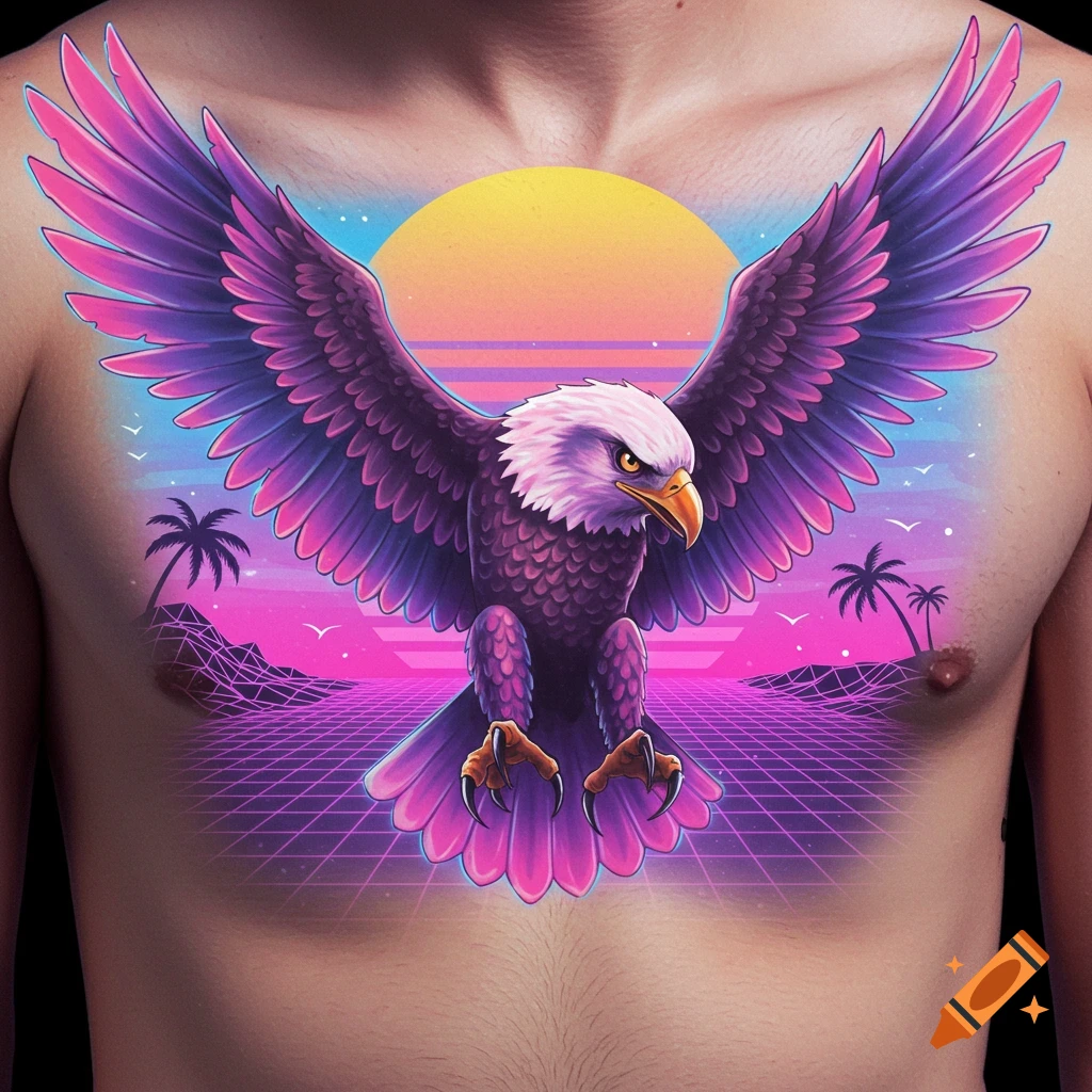 Vaporwave eagle chest tattoo with retro sunset background