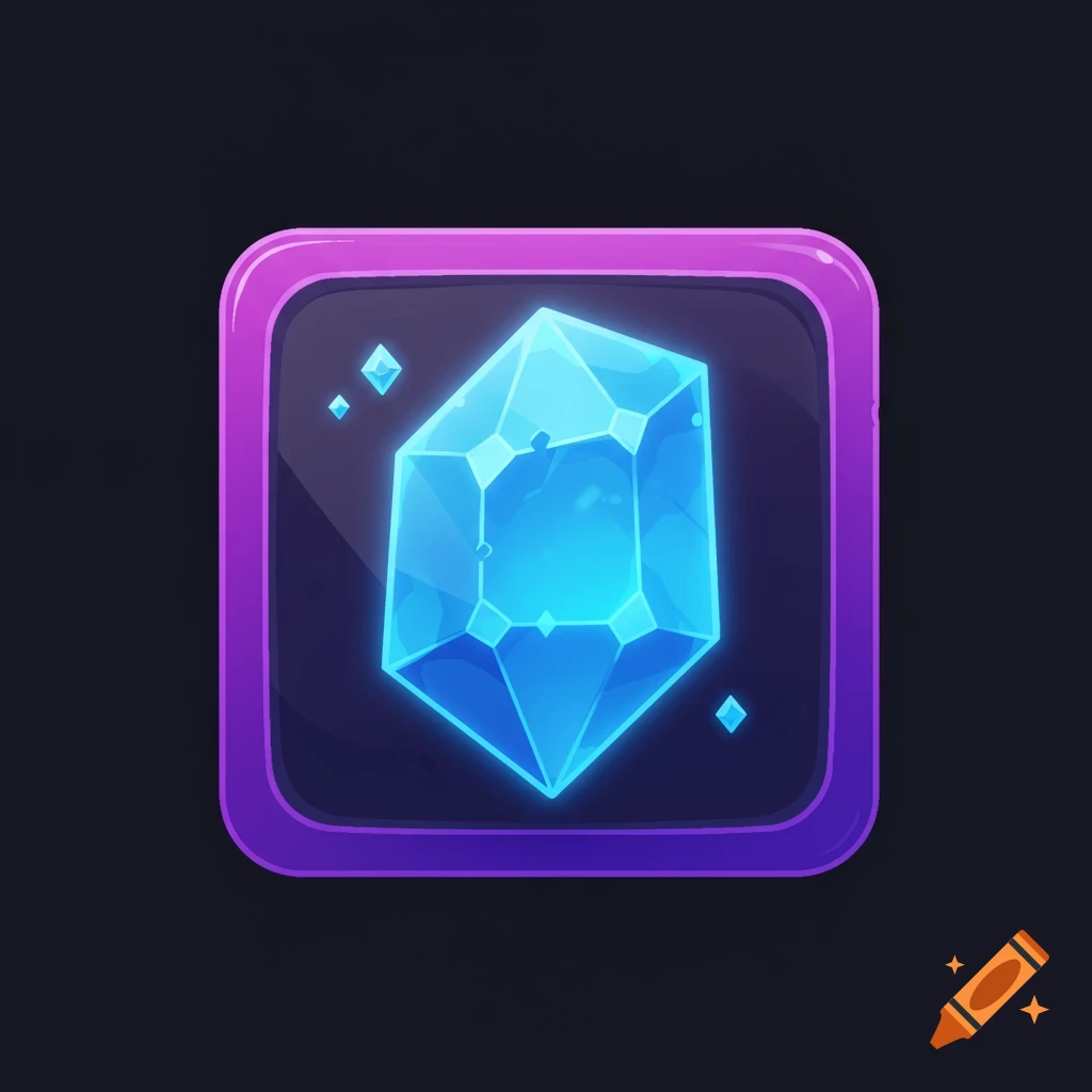 Stylized glowing blue crystal icon with a purple border
