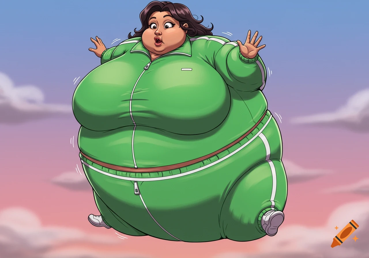 Cartoon woman in green tracksuit floating in the sky, inflated like a balloon.