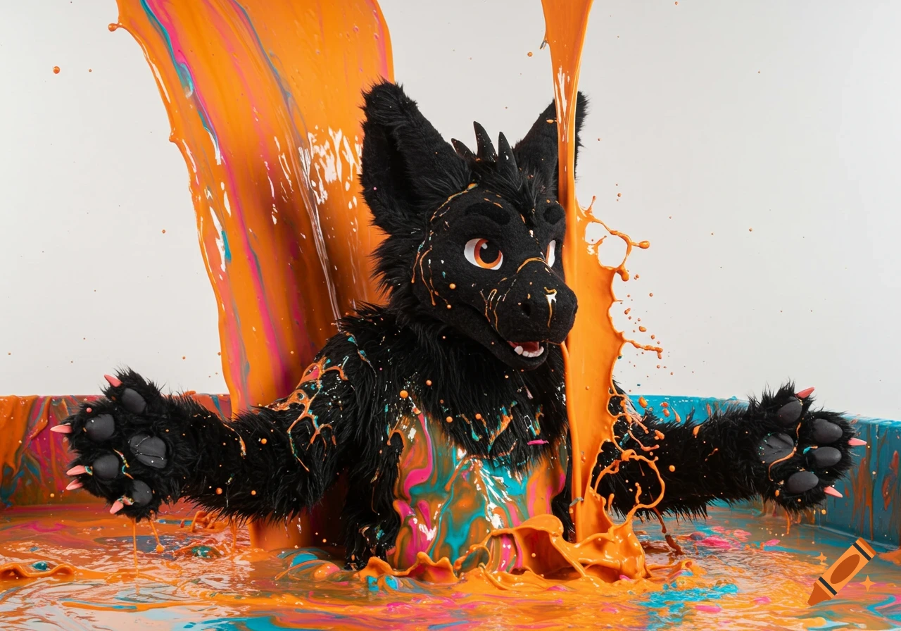 A black dragon fursuit is covered in orange and pink paint splashes in a blue container.