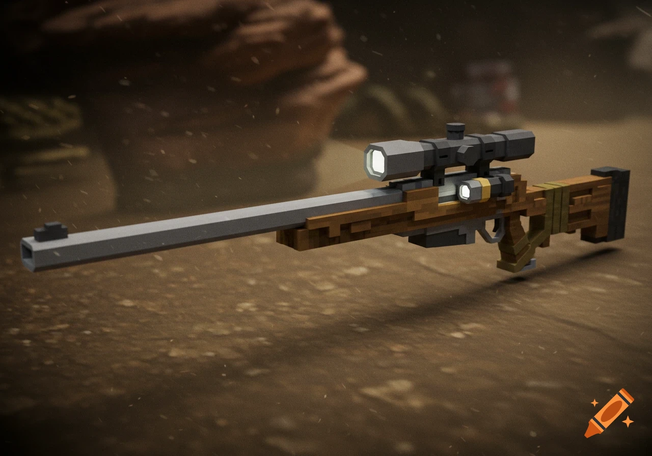 A high-resolution voxel-style sniper rifle on a dusty ground.