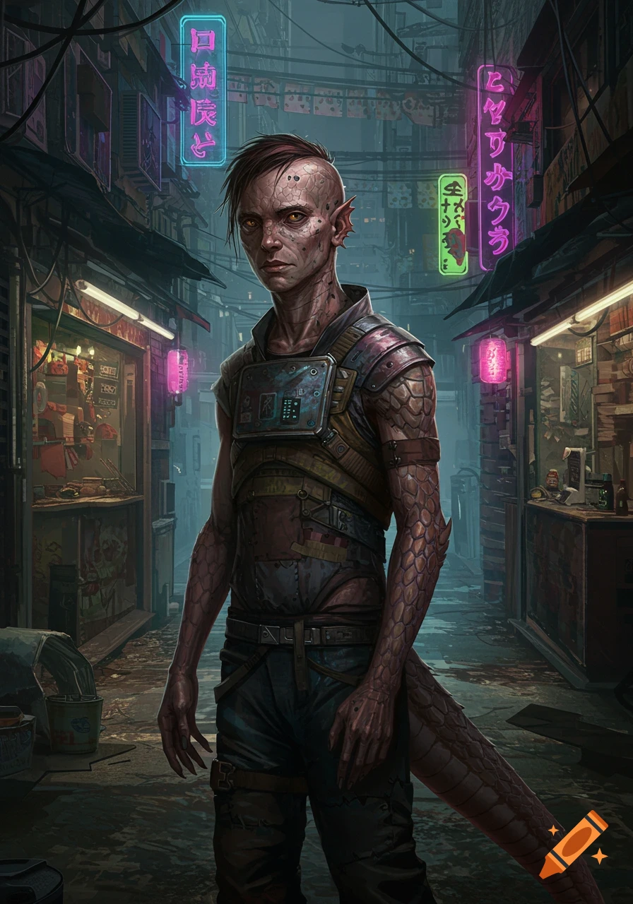 Digital painting of a lizard-like person with yellow eyes and scaled skin, wearing sci-fi armor in a dark, neon-lit alleyway.